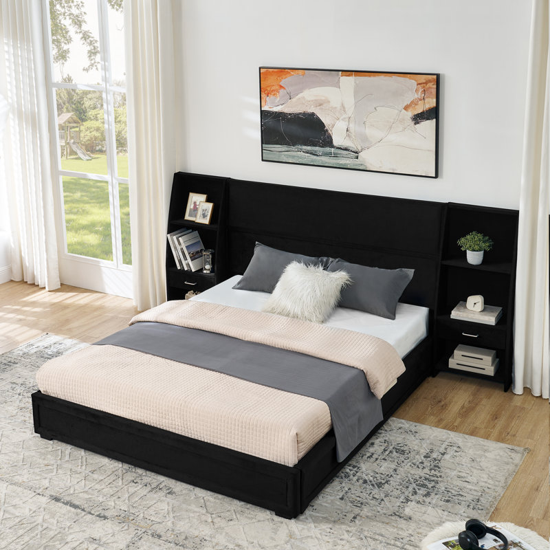 Base de lit plateforme avec rangement grand format moderne, tête de lit en velours brillant avec bibliothèques latérales et tiroir, matelas exclu - noir