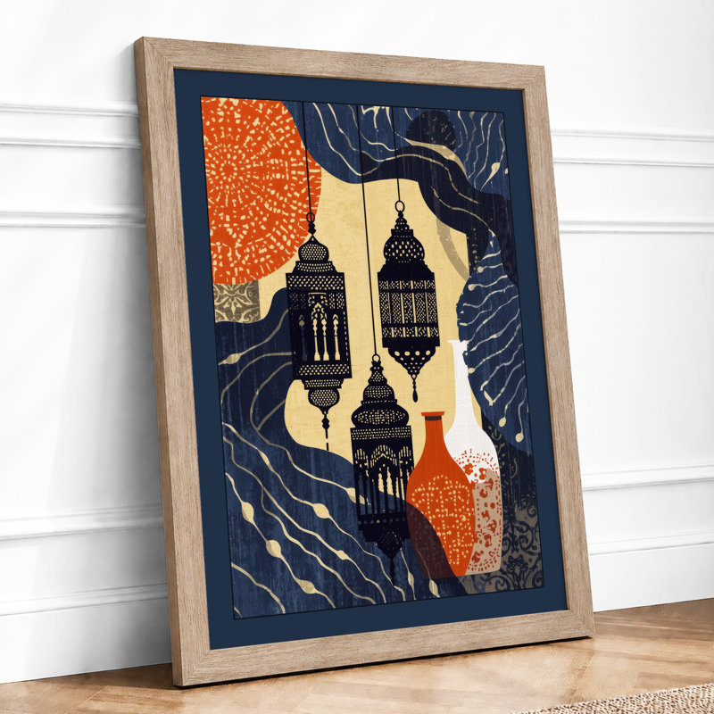 Lanterns at Twilight Art Deco - Framed Print, A3 - 42.0 x 29.7 cm, Oak
