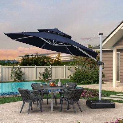 Outdoor Double Top Ronud Deluxe Cantilever Umbrella, With Base,Navy