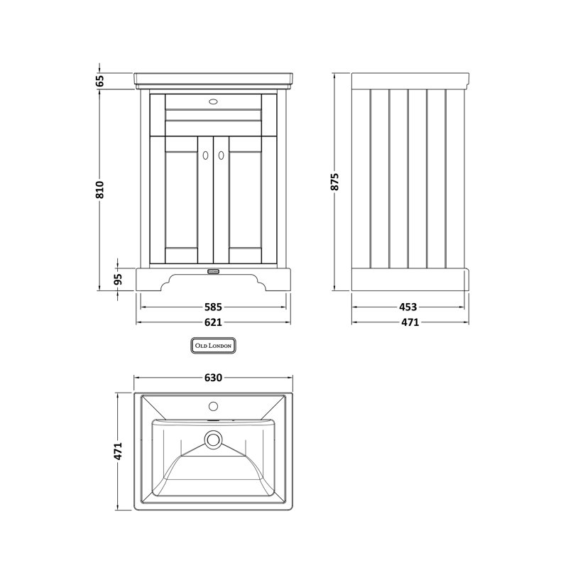 Old London 600mm Free Standing Single Bathroom Vanity with Fireclay Top, Hunter Green
