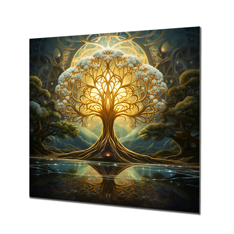 Magique arbre de vie pleine lune magique - Art mural sur toile chêne, H 30 po x l 30 po x P 1 po, Métal métal