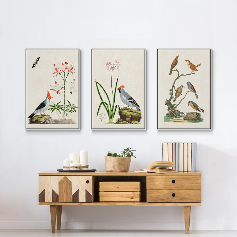 Oiseaux antiques dans la nature IV, encadré sur toile, 3 pièces, H 36 po x l 72 po x P 2 po, Cadre blanc
