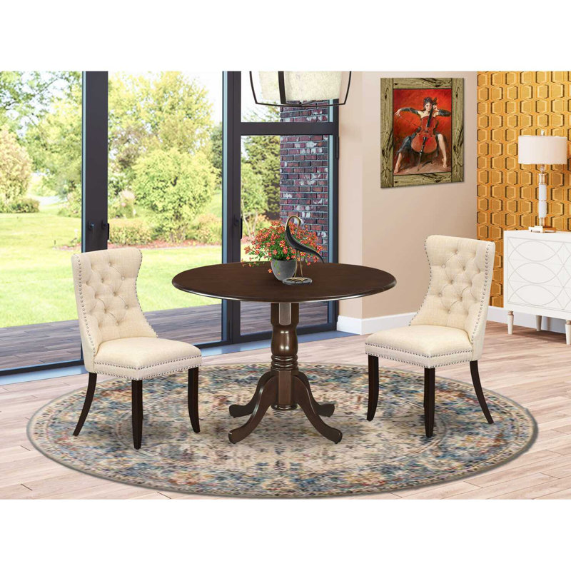 3-Piece Antique Walnut Finish Solid Wood Top-Round Upholstered Dining Room Set with Dropleaf-Seats 4, Mahogany, Beige
