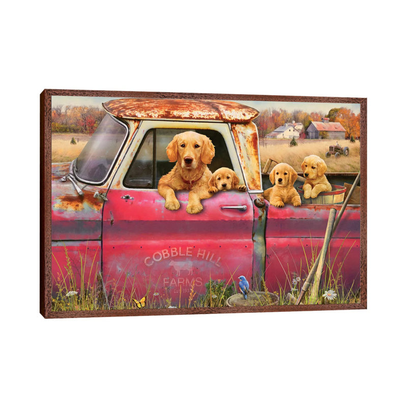 Goldens And Truck - Floater Frame Painting on Canvas, 66.04 cm H x 45.72 cm W, Brown Framed
