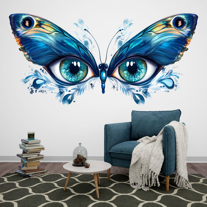 Adhésif mural yeux bleus papillons bleus abstraits, grande chambre à coucher, art mural amovible moderne, 093 g