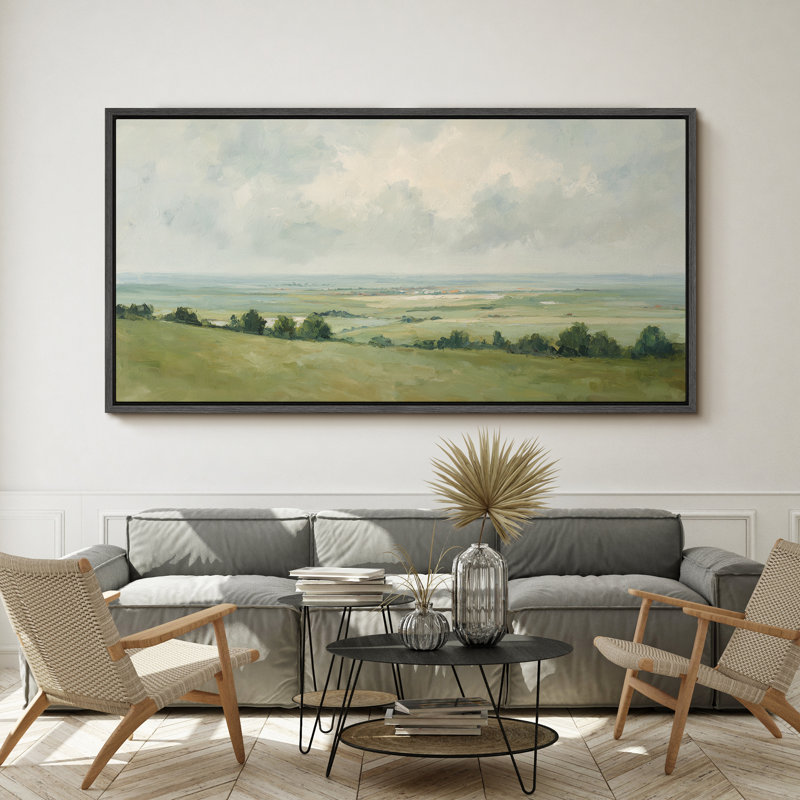 Large Framed Canvas Print Wall Art - Vintage Meadow Landscape Print for Modern Farmhouse Decor, Black, 30" H x 60" W