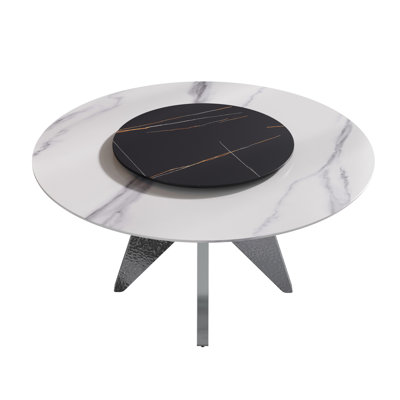 58.91" Round Artificial Marble Dining Table, Silver Stainless Steel Base, 31.5" Turntable, Fits 6-8 People, White&black Turntable Round, Marble, Accommodates 6-8, Look