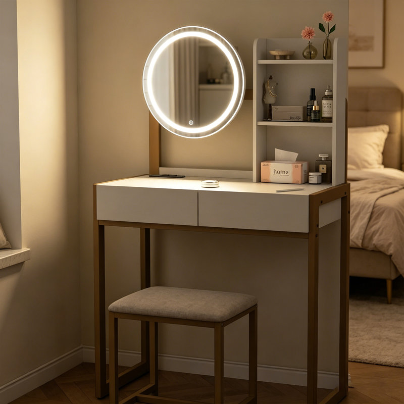 Makeup Vanity Set with LED Mirror Stool and Power Outlet for Bedroom, Gold