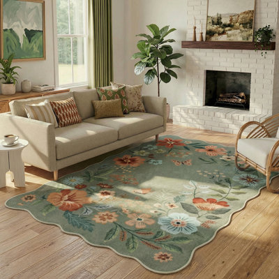 Garbrand Machine Washable Floral Botanical Green Area Rug with Non-Slip Backing for Living Room, Dining Room, Bedroom