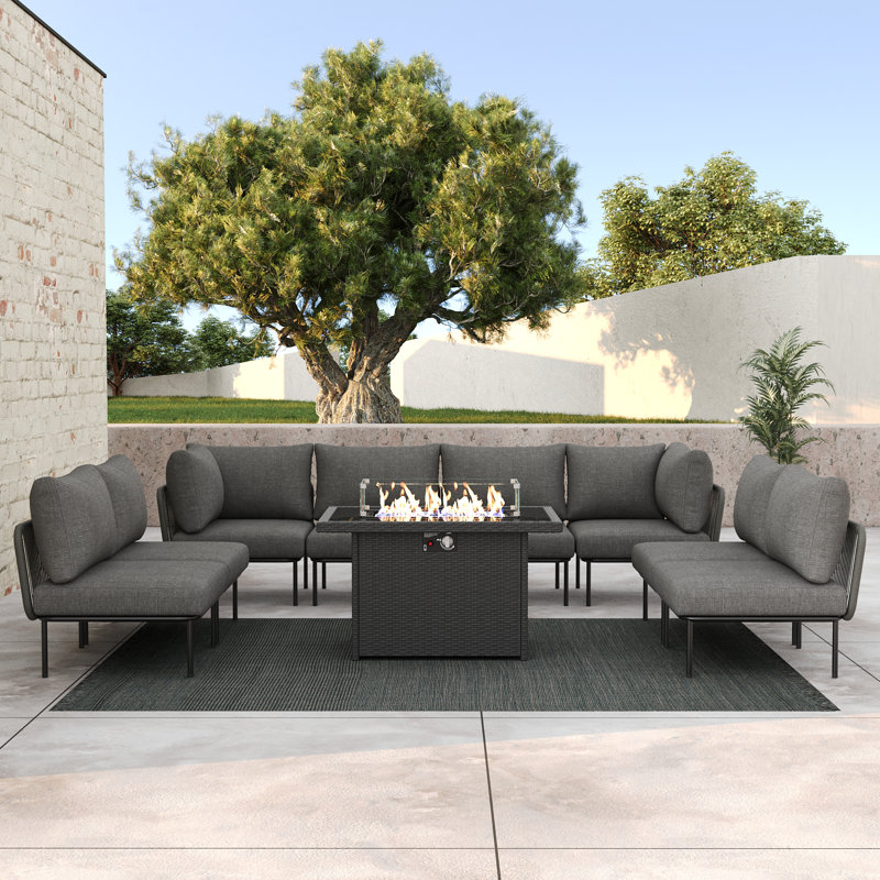  Ensemble modulaire de patio extérieur en osier tressé 9 pièces avec table et coussins, Dark Grey