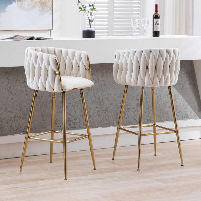 Beige Velvet Swivel Counter Stools with Golden Metal Frame, Set of 2