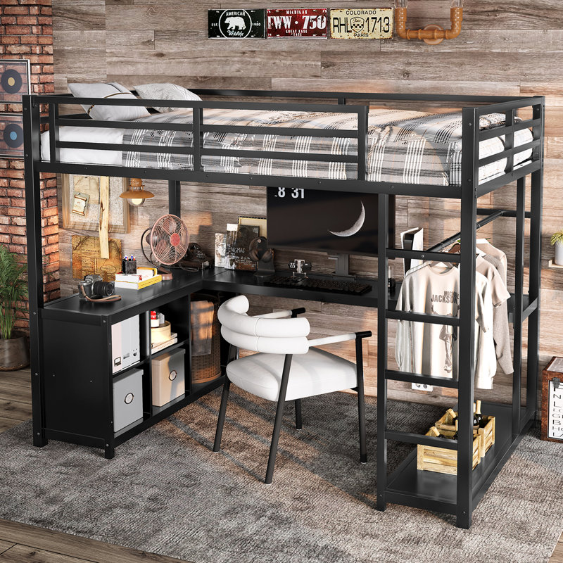 Lit mezzanine en métal Villa avec bureau en L, garde-robe et tablettes, Lit simple