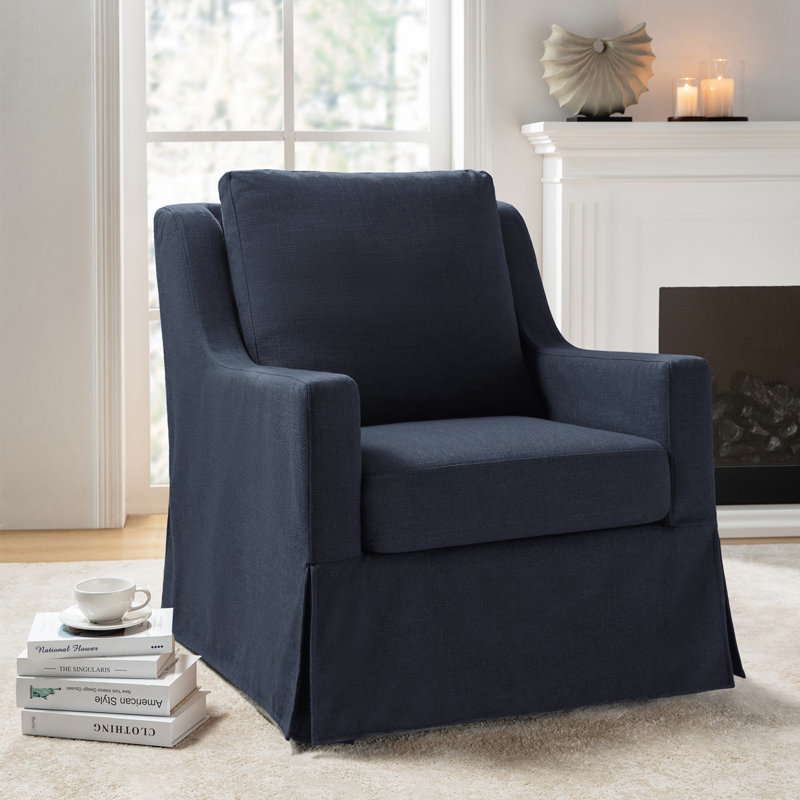Wimberly 29.5" W Slipcovered Swivel Armchair , Navy Polyester