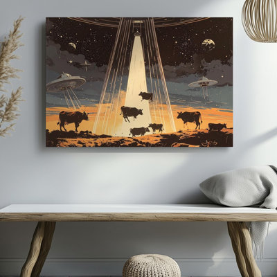 Canvas Ufo Cattle Abduction Canvaswhimsical Alien Encounter In A Peaceful Field Wall Wall Art Ready To Hang Gallery Wrapped Home Decor