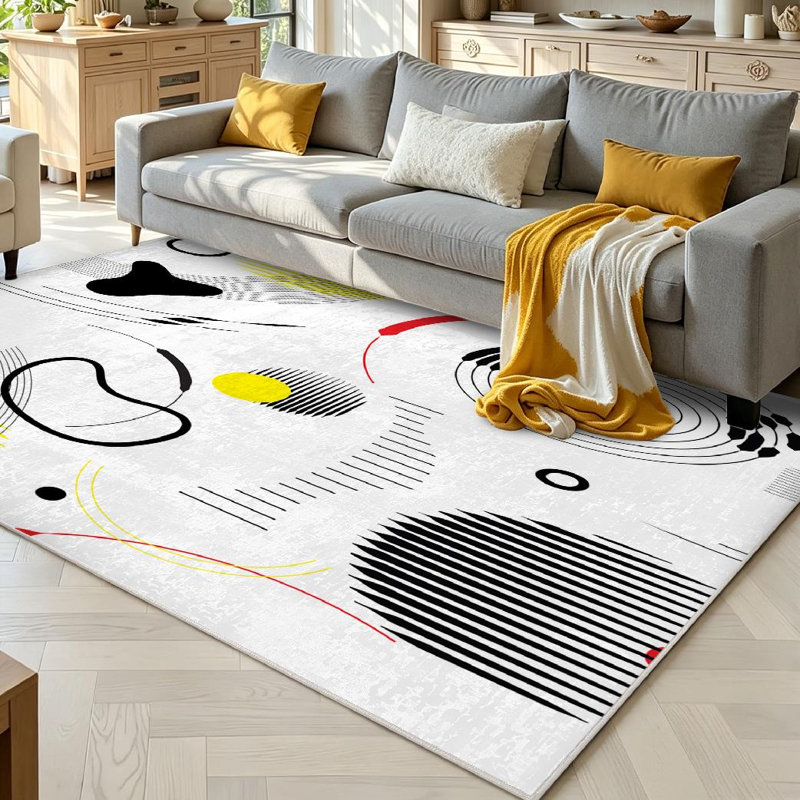 Black Universal Geometric Abstract Art Striped Wallpaper Interior Style Machine Washable Indoor Area Rug, Rectangle 71" x 98"