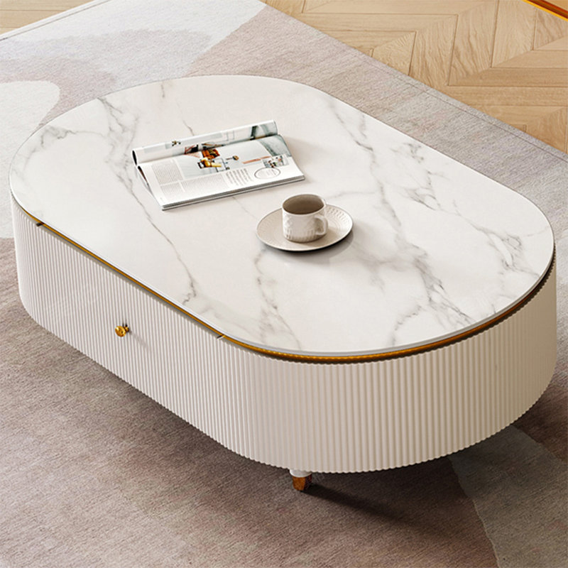 Table basse ovale en bois manufacturé blanc et pierre frittée, H 16,93 po x L 51,18 po x l 27,56 po