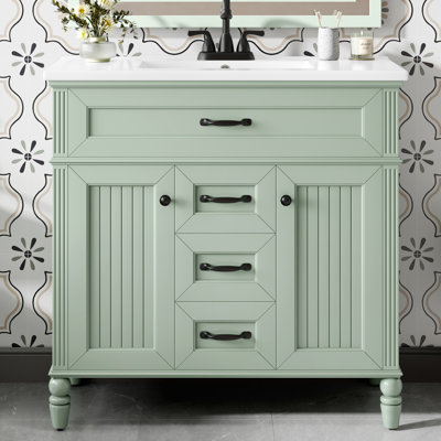 36 Inch Bathroom Vanity With Sink Combo, Green Freestanding Cabinet With Ceramic Basin, MDF + Solid Wood Frame, Flip-Out Top Drawer, Soft Close Doors, 2 Storage Drawers
