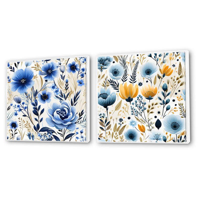 Blue Boho Chic Floral Motif II - ensemble de collage abstrait botanique carré de 2, H 16 po x l 33 po, Cadre flottant blanc