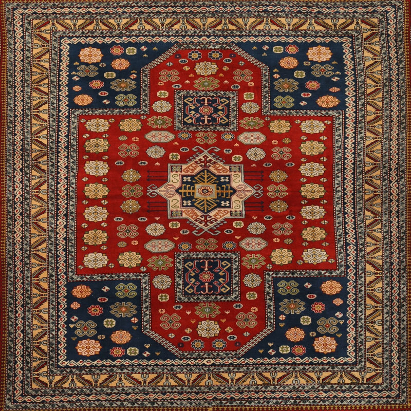 Tapis traditionnel rouge / bleu, Carré 8 pi