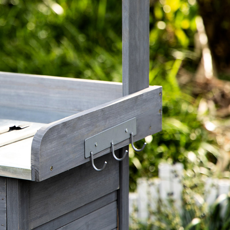 Banc de rempotage extérieur, poste de travail de jardin avec contenant de rangement fermé, armoire grise, acier