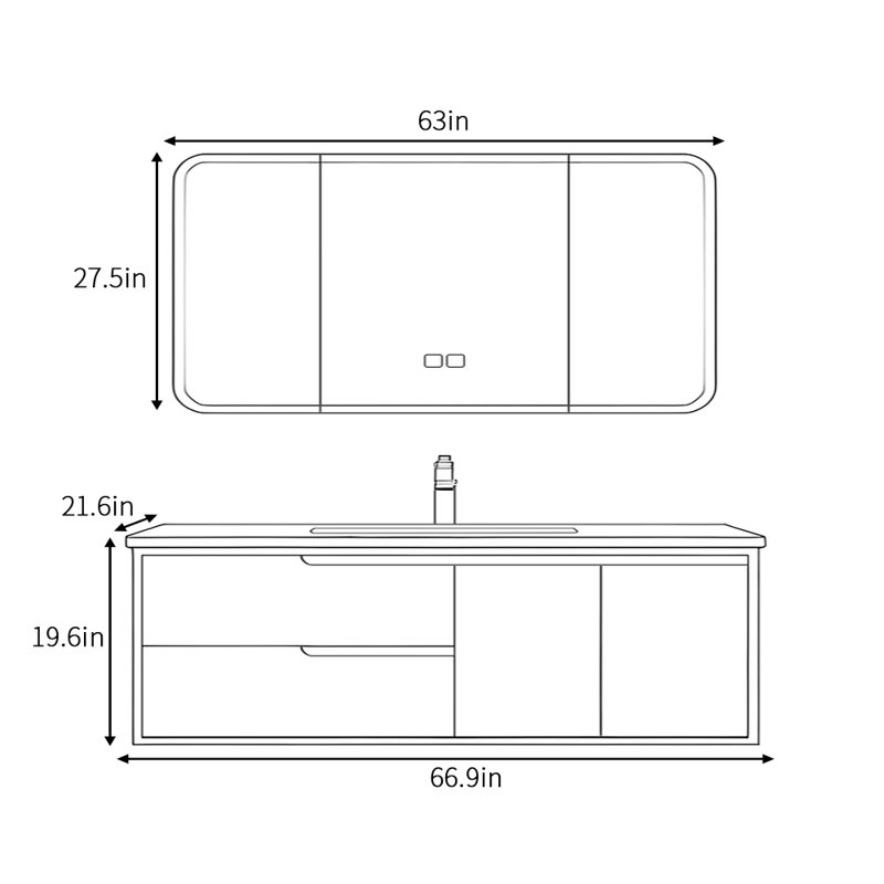 Minimalist retro style bathroom cabinet, 19.6" H x 66.9" W x 21.6" D