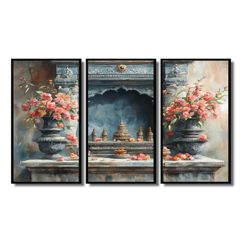 Puja indien moderne rose - ensemble de décoration murale d'art indien, Toile avec cadre flottant noir
