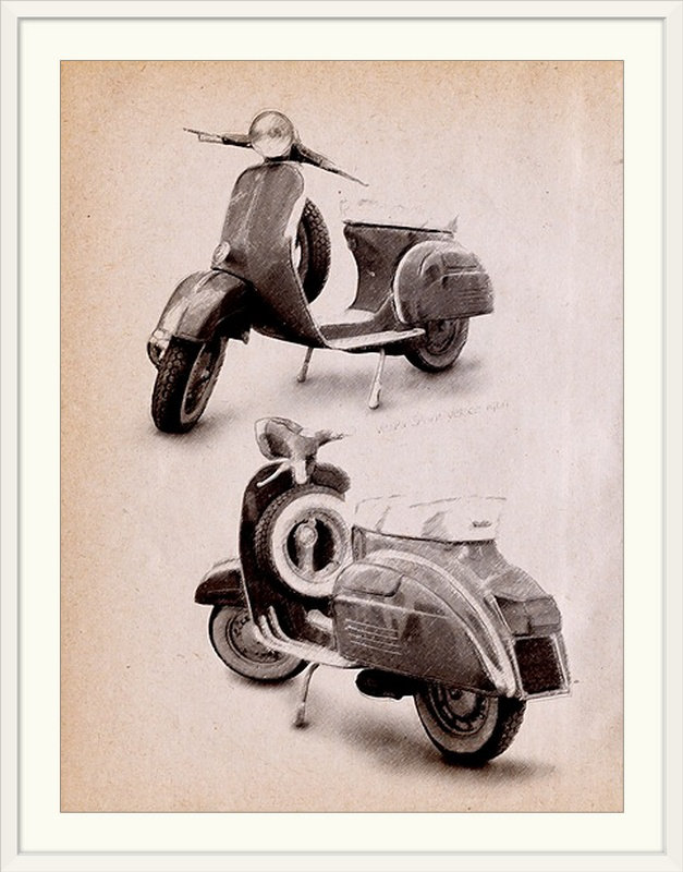 «Vespa Scooter 1970» par Deschamps, impression, H 32 po x l 26 po x P 1 po, Cadre blanc