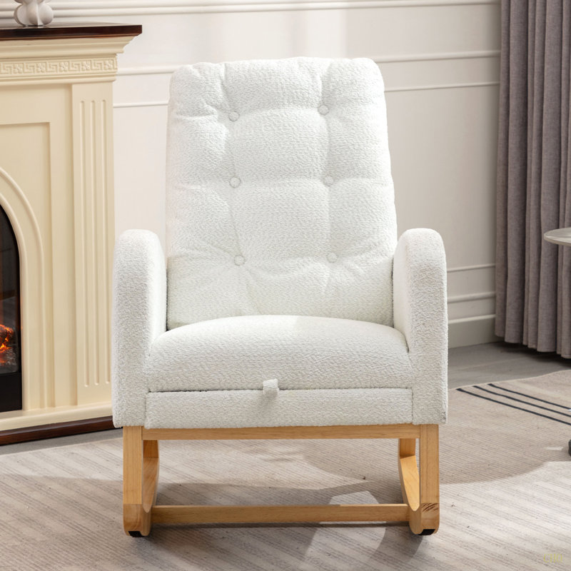 Chaise berçante décorative avec repose-pieds à haut dossier en bois d'hévéa, Blanc