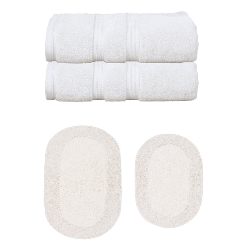 Brunk Collection 100% Soft Cotton 2 Pc Bath Towel Set & 2 Pc Bath Rug Set, (Set of 4), Ivory