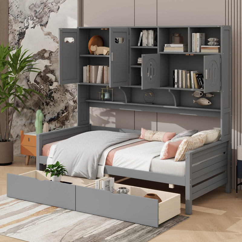 Wooden Daybed With Double Drawers And Shelving Unit, Gray, Twin