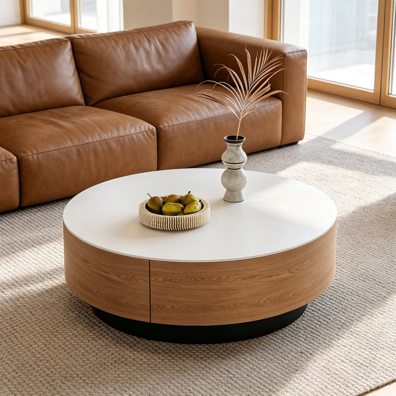 Table basse ronde pour petit appartement, White Top/Brown Base , 12.99" H x 31.49" W x 31.49" D, Flat