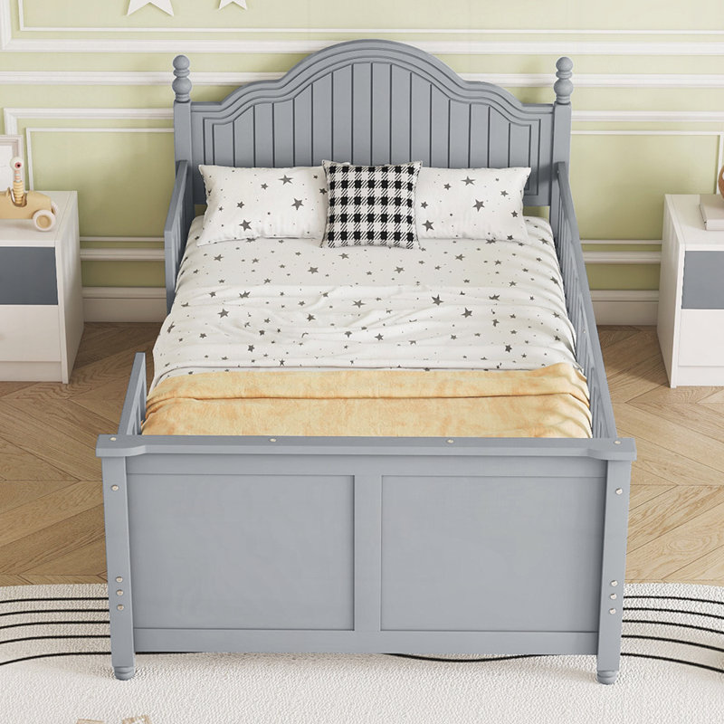 Lit plateforme en bois avec tête et pied de lit, Gris, Simple