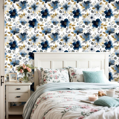 Peler et coller le papier peint adhésif bleu doré élégant à feuilles douces et fleurs en contact