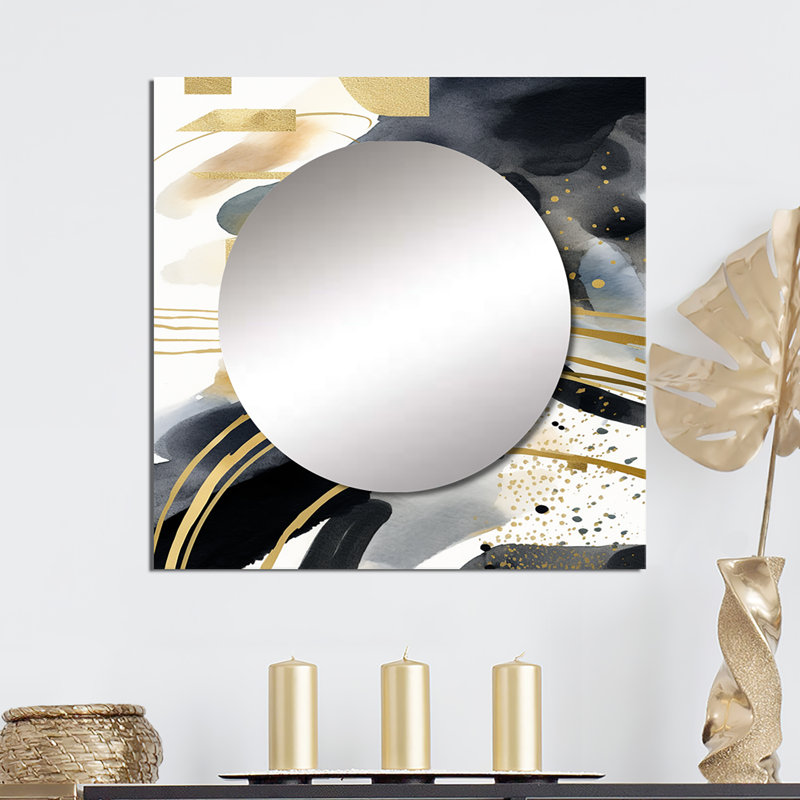 Grand miroir carré Berwaldt - Pastel abstrait avec taches bleues noires et dorées III, 29 po x 29 po