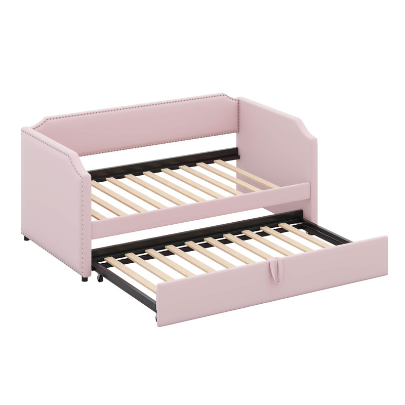 Twin Daybed With Pop Up Trundle,  Velvet Upholstered Extendable Day Bed Frame, Pink