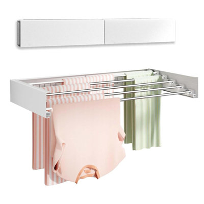 Wall Mounted Collapsible Clothes Drying Rack – 6 Heavy Duty Rods – Space Saving Retractable Laundry Rack – Collapsible Dryer for Indoor/Outdoor Use – Includes 2 Towel Handles – White 100CM