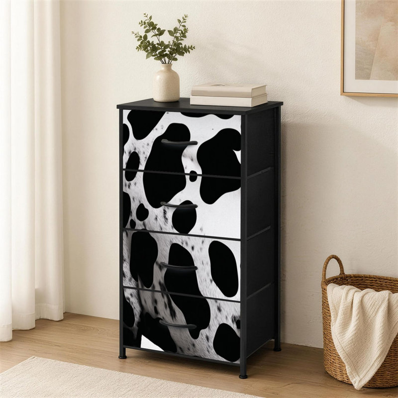 Commode à 4 tiroirs pour chambre à coucher, motif vache, texture peau western, taches de bétail, fourrure blanche, petite commode haute pour placard, rangement avec tiroirs et bacs de rangement en tissu.