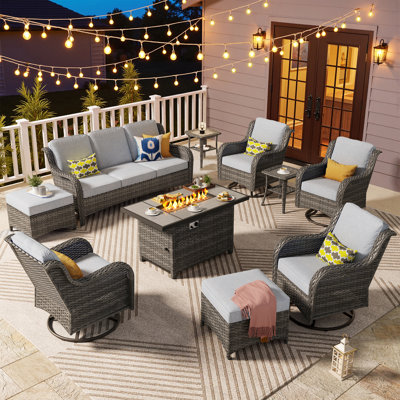 Ensemble de mobilier de jardin en résine tressée pour 7 personnes avec coussins et foyer extérieur