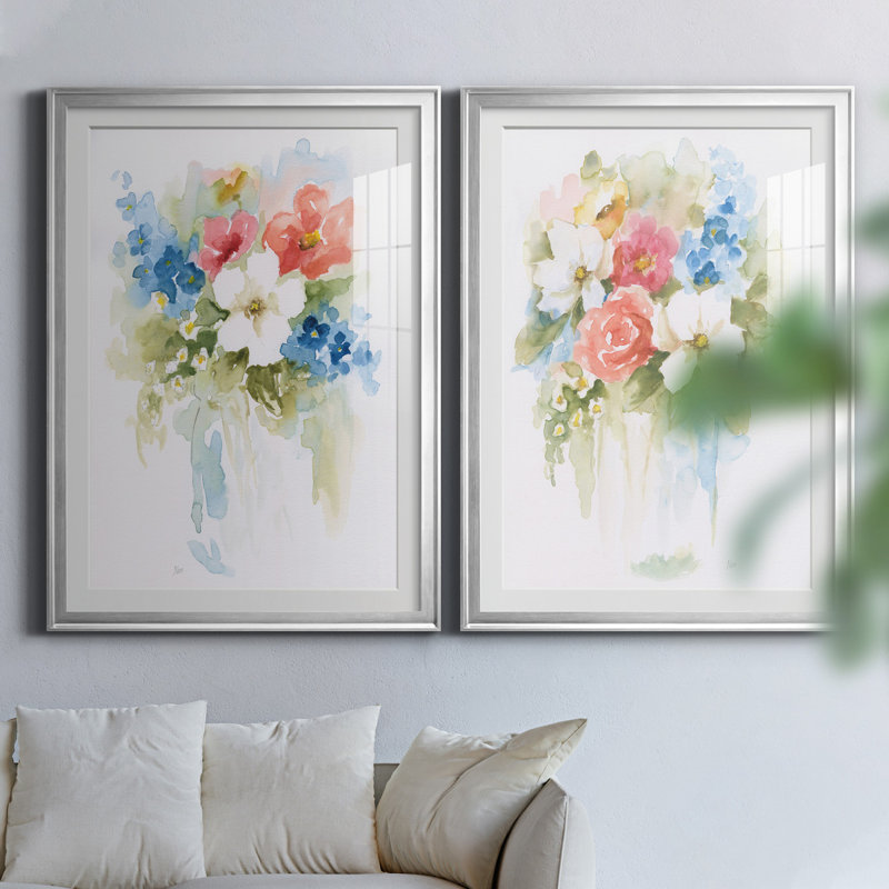 «Spring Medley I», ensemble de 2 reproductions d'art, H 26,5 po x l 73 po x P 1,5 po, Papier avec cadre argenté, Blanc