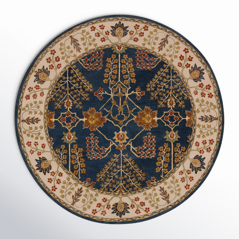 Poeme Hand-Woven Tufted Wool Dark Blue Area Rug, Round 8'