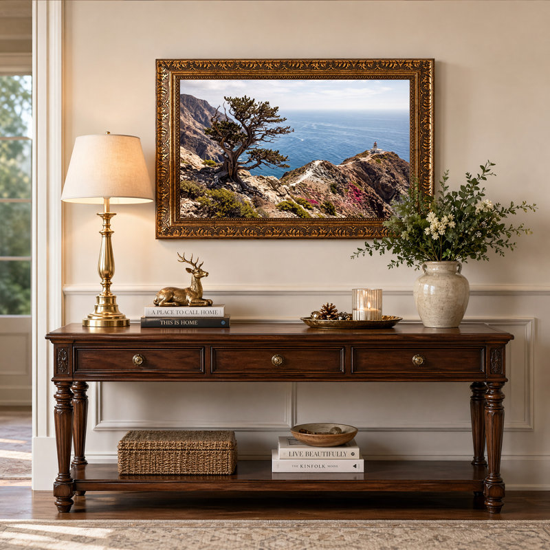 Art mural sur toile Windblown Tree and Lighthouse on Rocky Coast, 20"H x 30"W