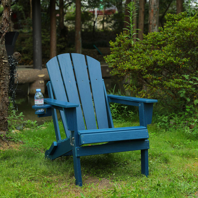 Hdpe Folding Adirondack Chair With Dual Cup Holder - Composite Adirondack Chair With Wood Texture, Navy Blue