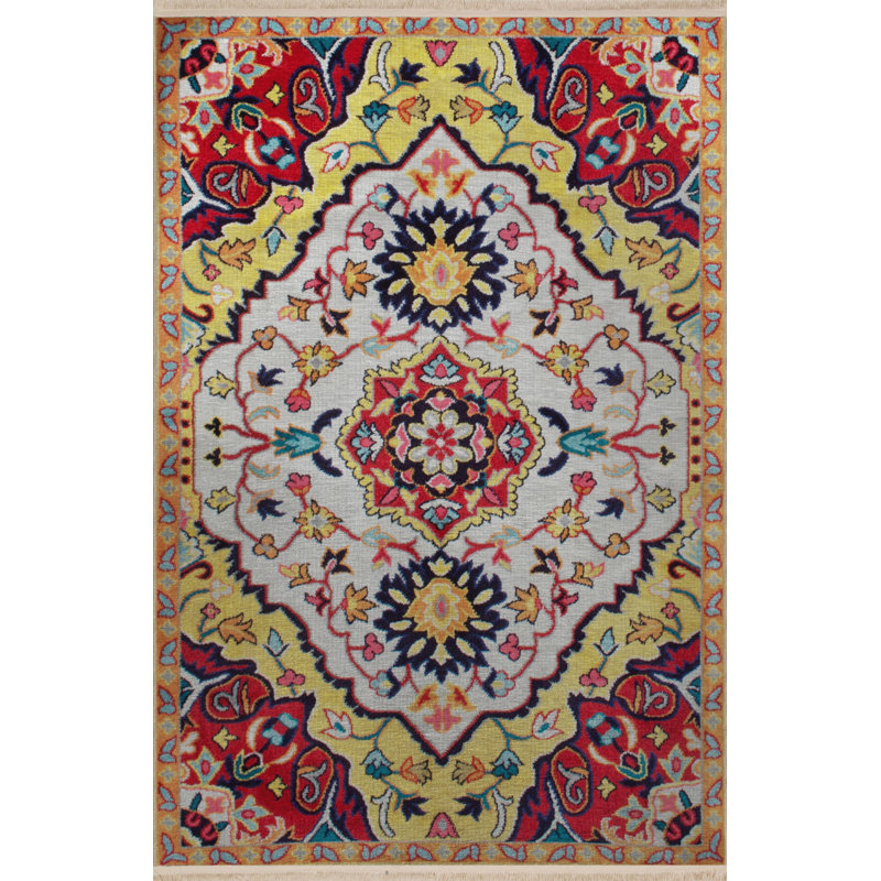 Tapis décoratif frangé motif à motif traditionnel jaune et beige, Rectangle 3 pi 4 po x 6 pi 7 po