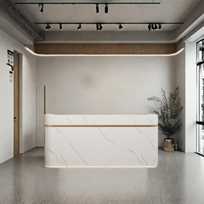 Front Desk, Checkout Counter and Computer Desk with Gold Stainless Steel Line Design – Elegant and Functional for Commercial Spaces