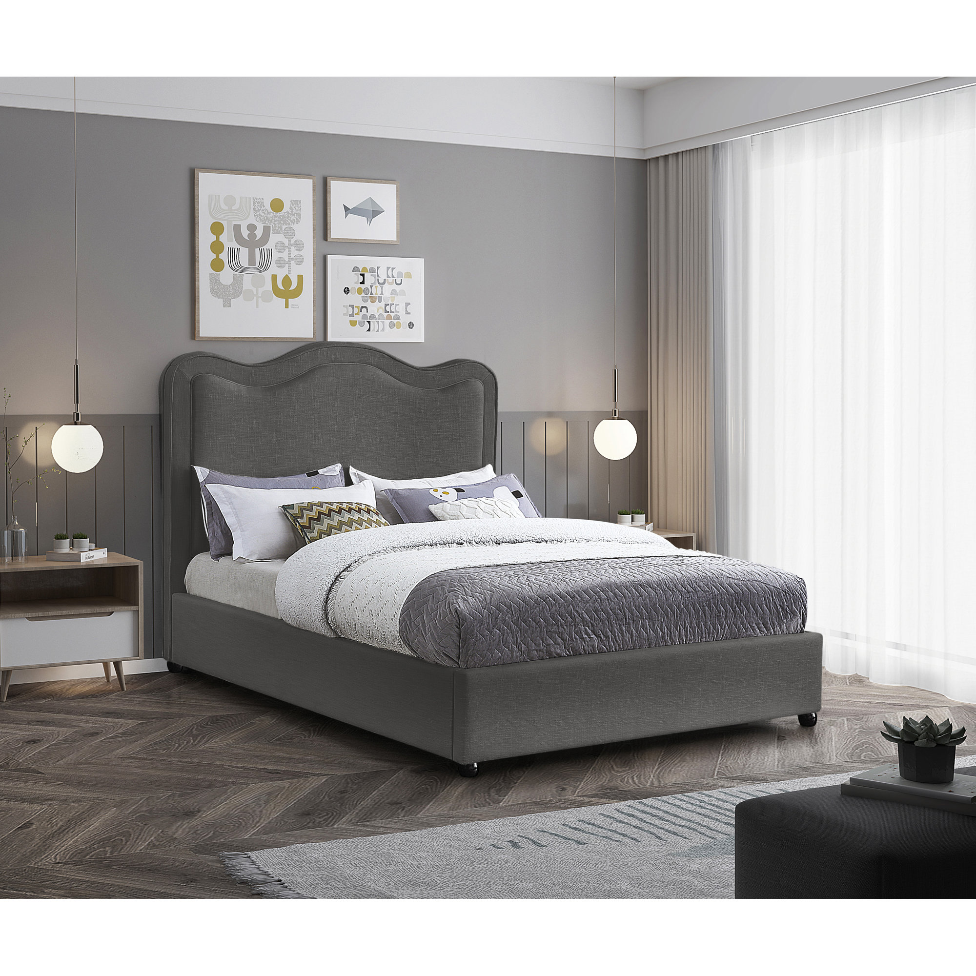 Upholstered Scalloped Bed, Full/Double, Gray Velvet