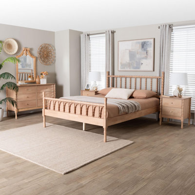 Baxton Studio Laurent Bamboo-Style 5-Piece Bedroom Set - Spindle Platform Bed With Matching Dresser, Chest, And Two Nightstands, Cottage Farmhouse Sty