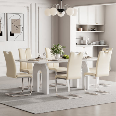 78.74 Inch Rectangular Dining Table Set with PU Leather Dining Chairs For 4-8