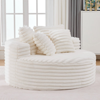 Méridienne ronde surdimensionnée blanche de 54,3 po, fauteuil nuage en velours côtelé à compression, canapé-lit rond à siège profond moelleux, aucun assemblage requis, mobilier rembourré intérieur moderne pour la détente et la lecture