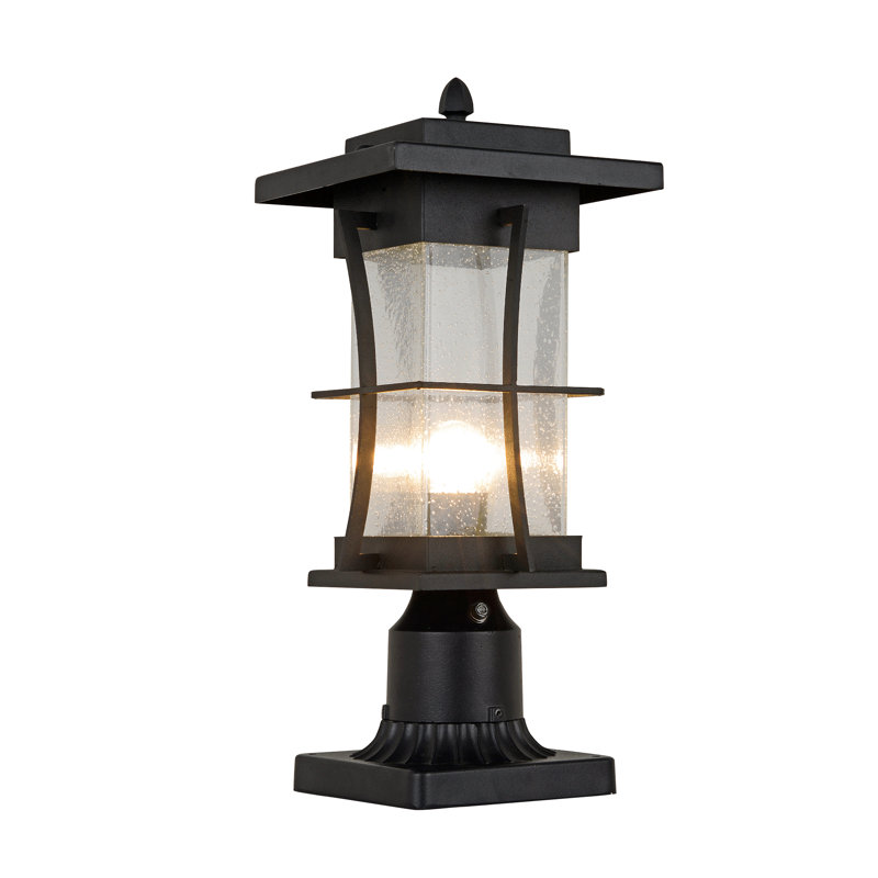 Lampadaire d'extérieur Dusk to Dawn avec adaptateur pour pilier, lanterne noire imperméable avec verre ensemencé