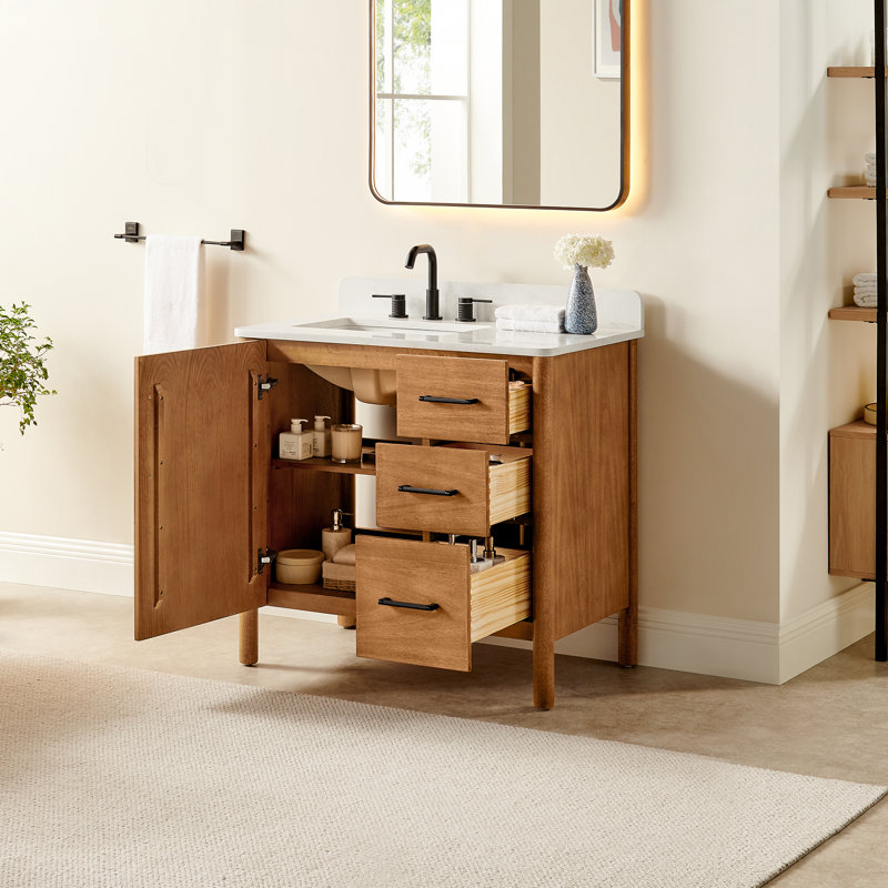 Meuble-lavabo simple 36 po Velora en manguier brun avec grain de pierre blanc et miroir